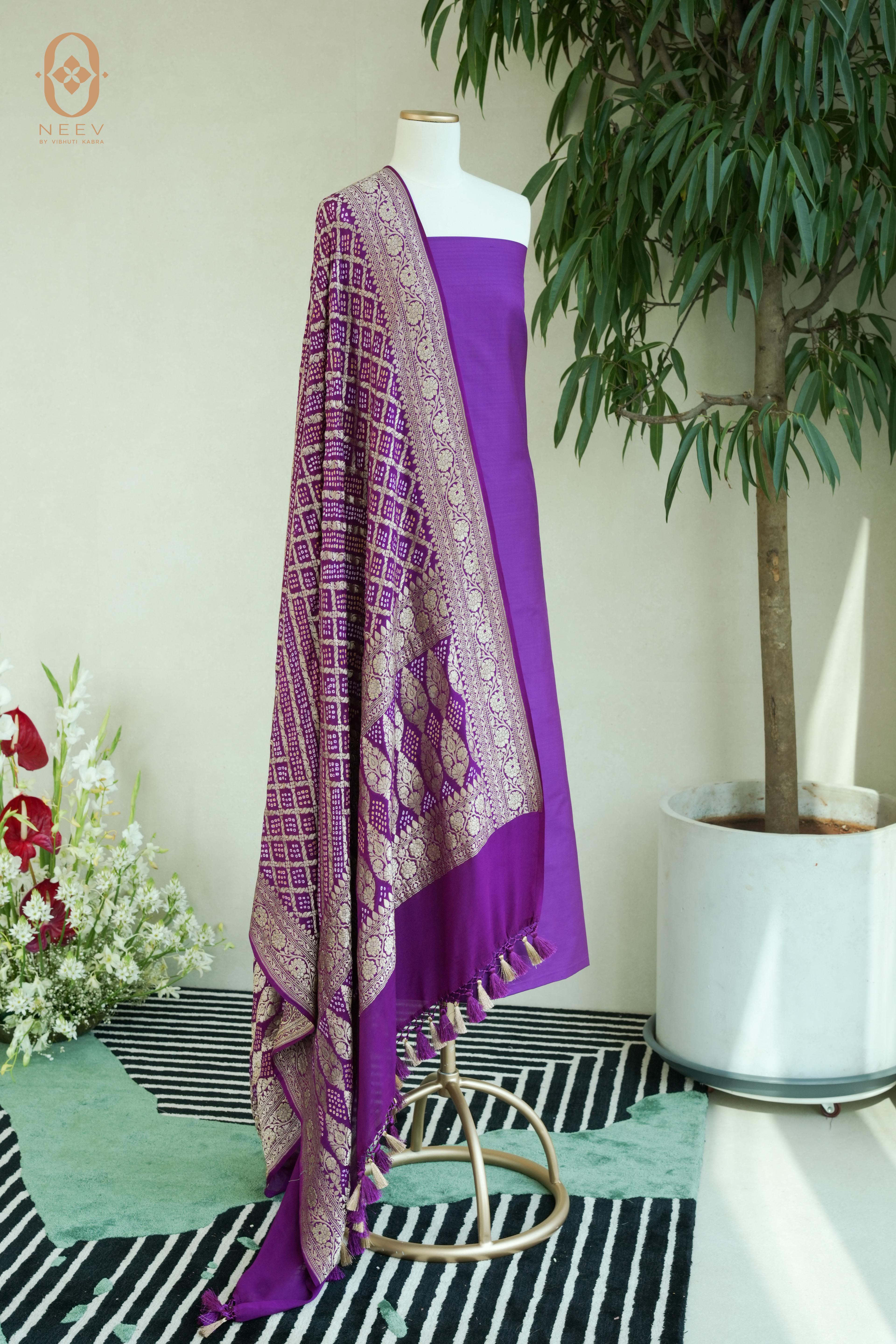 Katan Silk Fabric with Bandhani Georgette Dupatta Suit Set