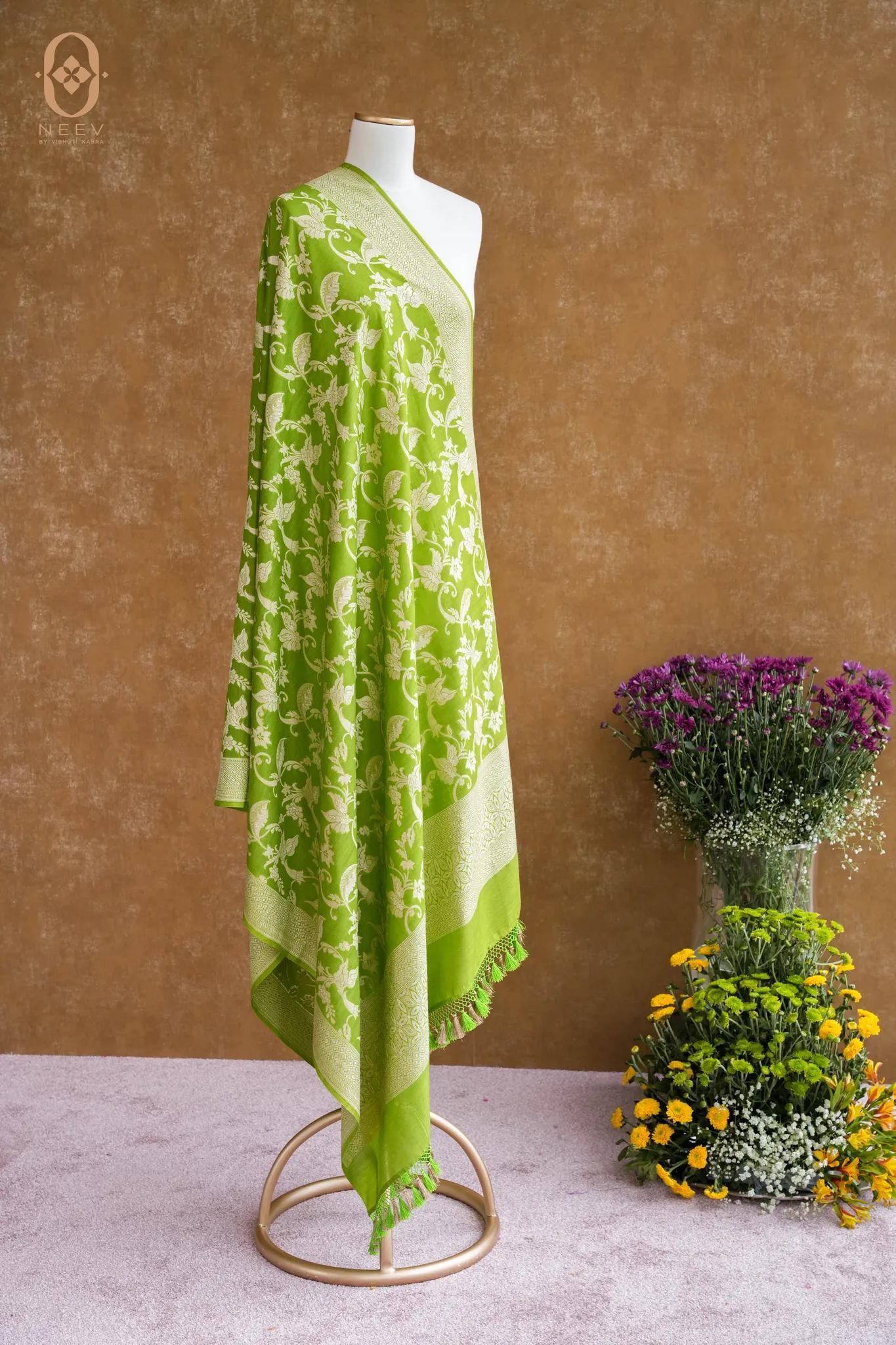 Spicy Green Munga Silk Jaal Dupatta