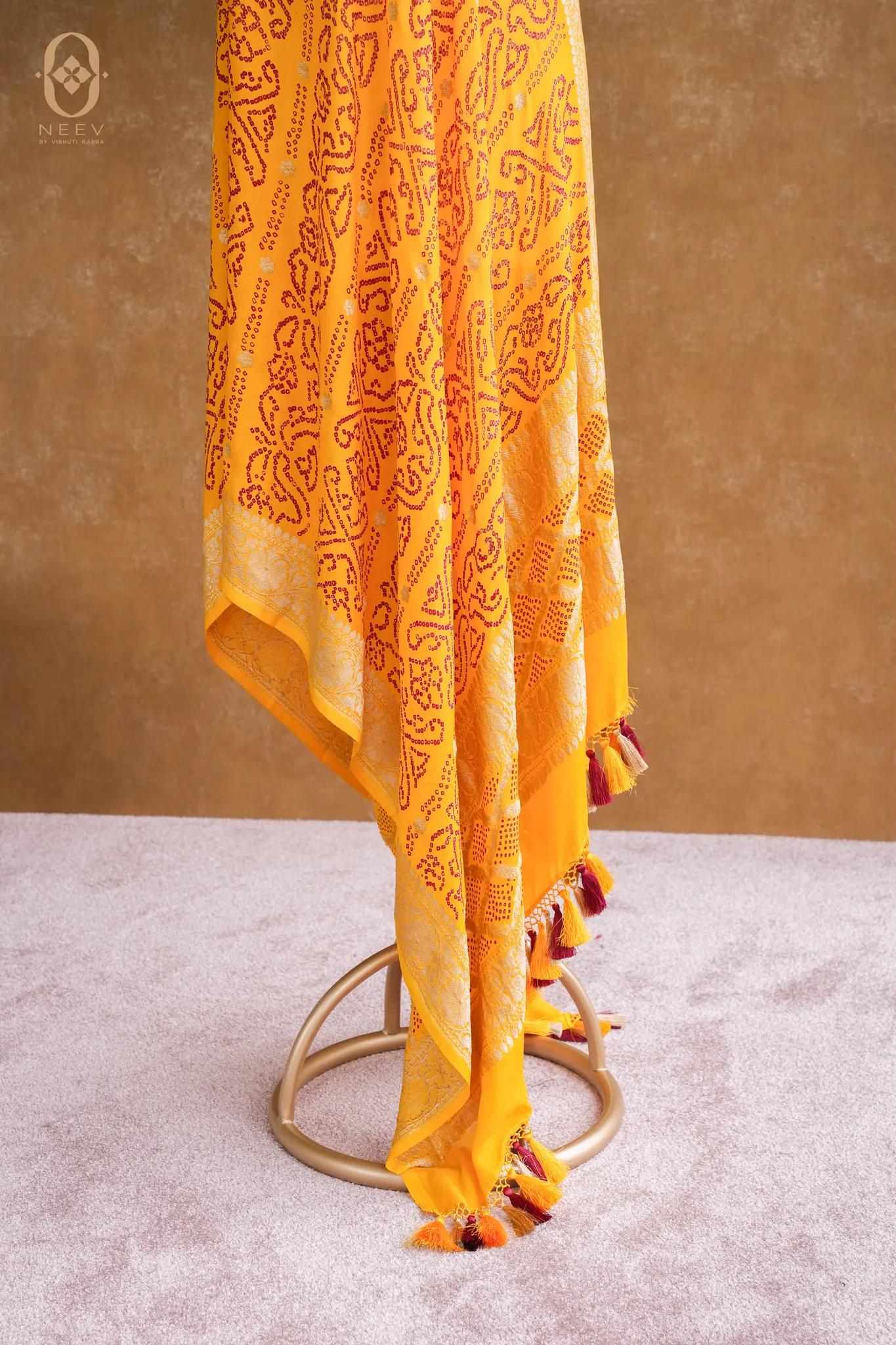 Georgette Red On Yellow Bandhani Dupatta