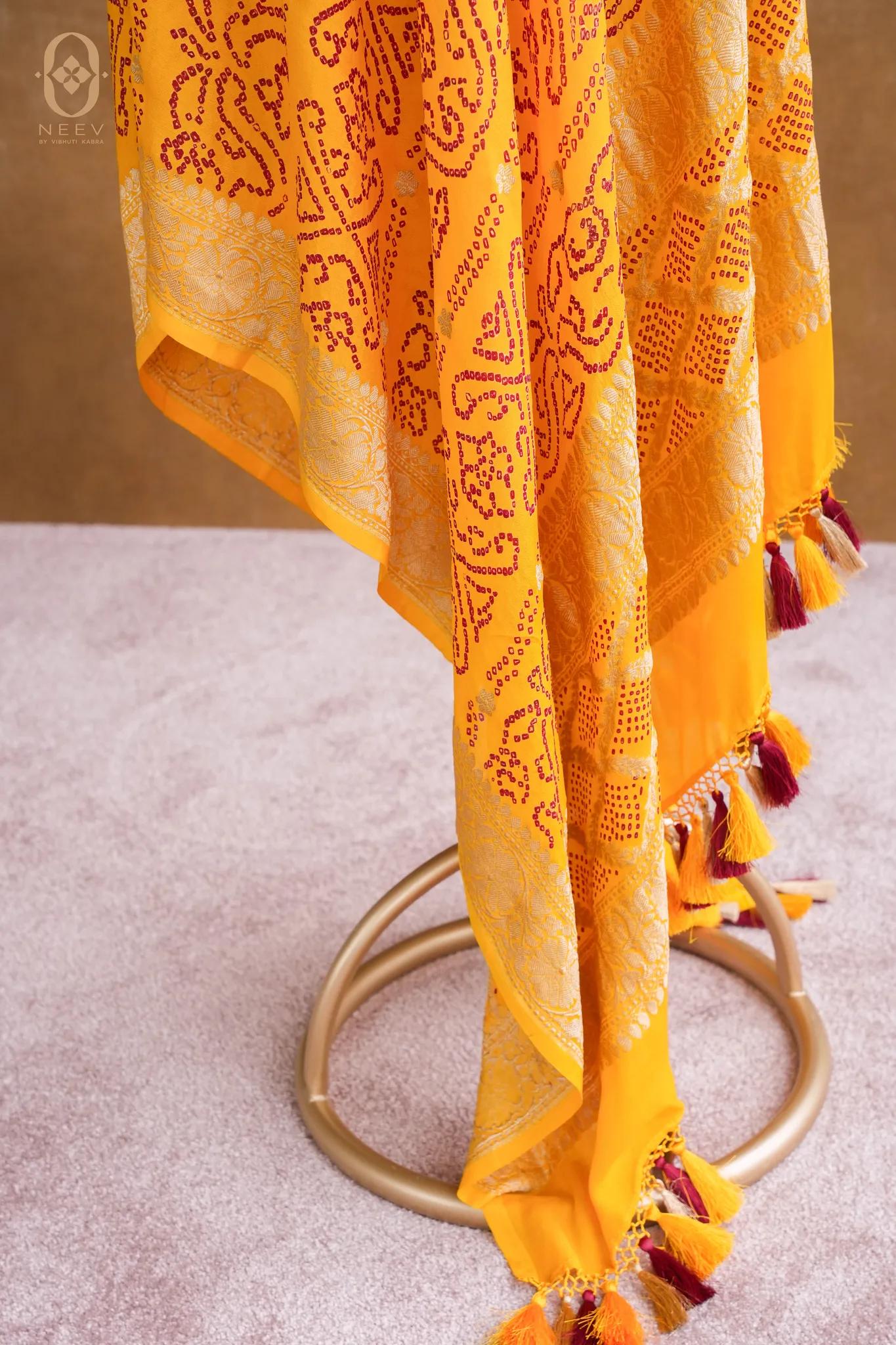Georgette Red On Yellow Bandhani Dupatta