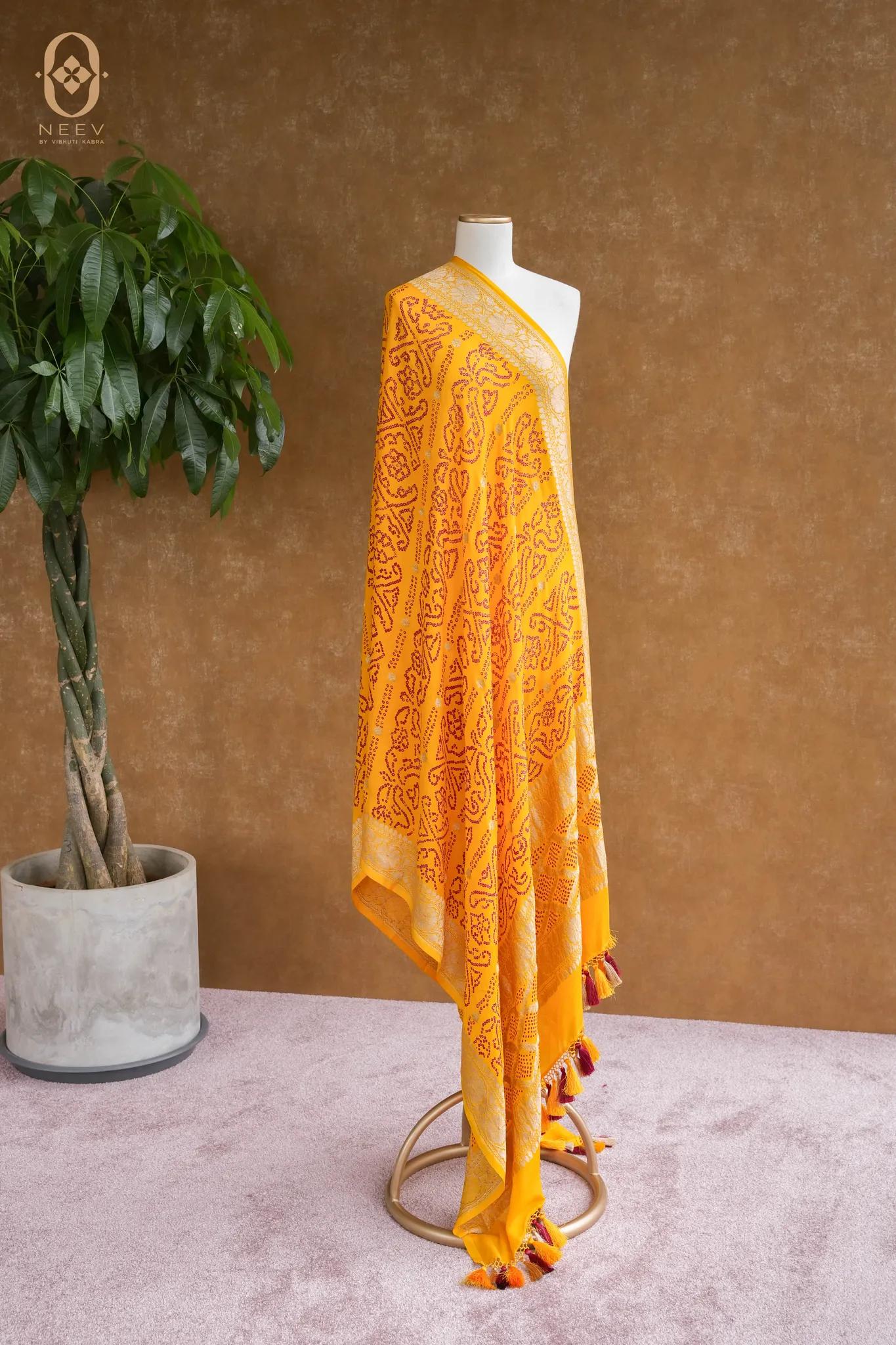 Georgette Red On Yellow Bandhani Dupatta