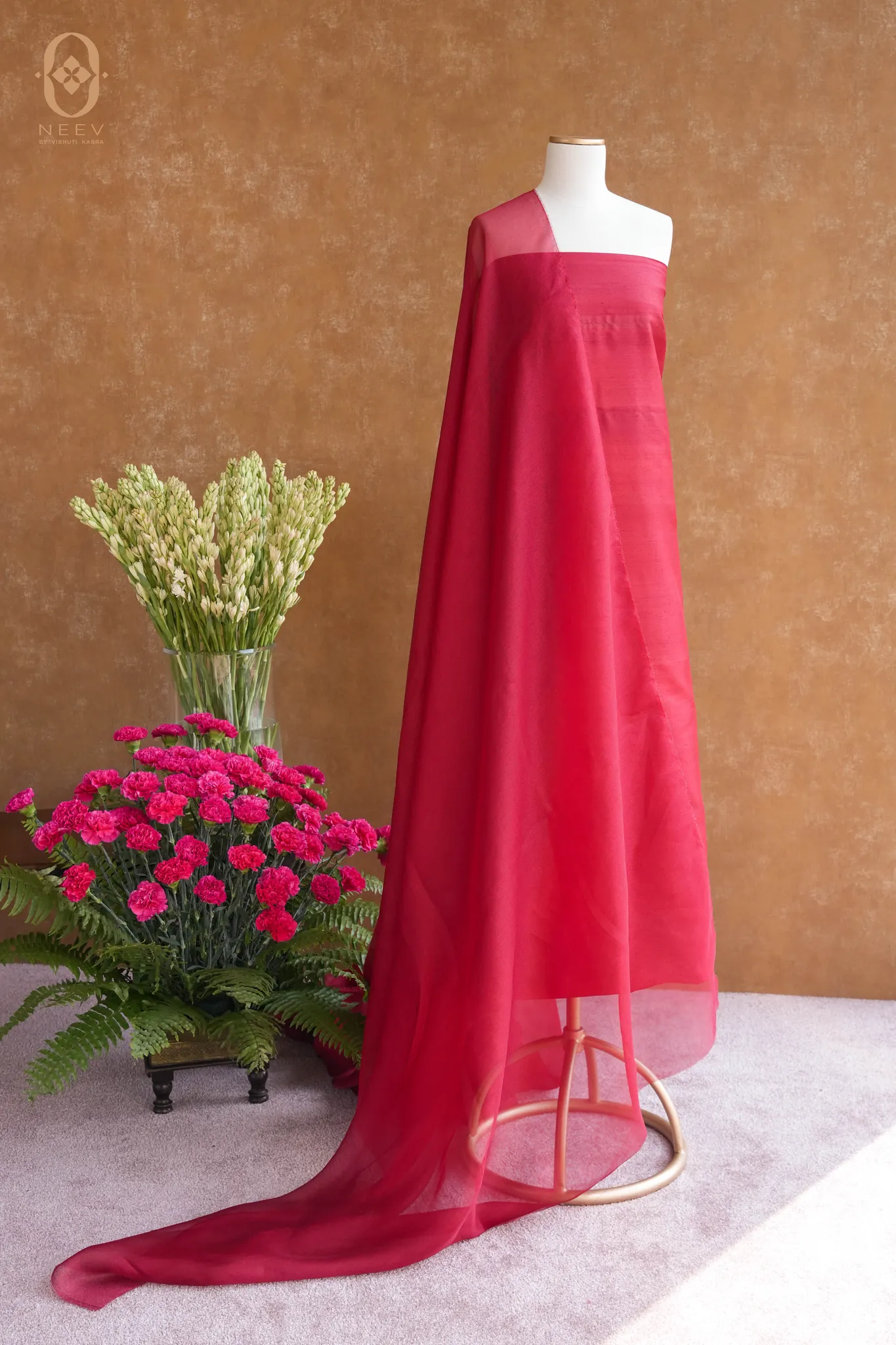 Yarn Dyed Munga Silk Suit With Fire Fly Vermilion Sheer Dupatta