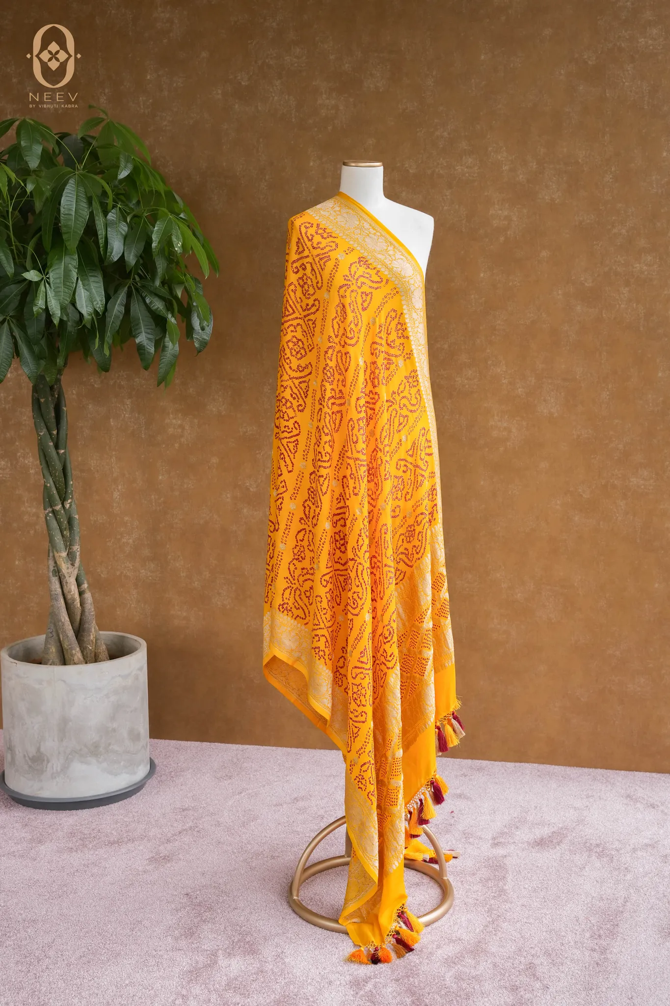 Georgette Red On Yellow Bandhani Dupatta